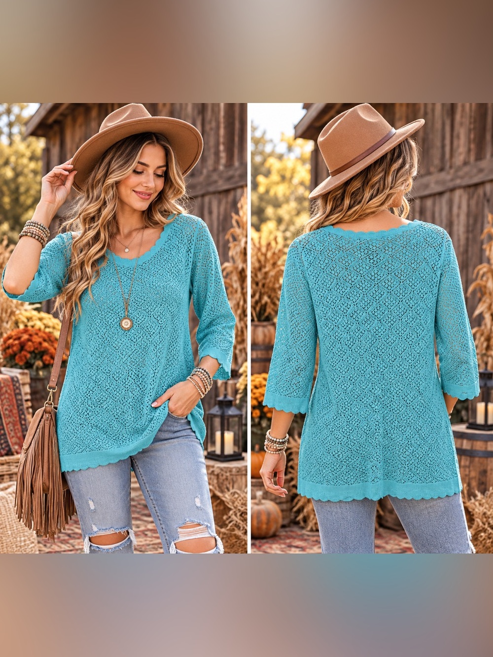 Light Turquoise Crochet Knit Tunic Top - Women's Casual V-Neck